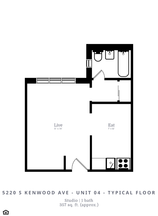 Floor plan for studio, 1 bath, 357 sqft